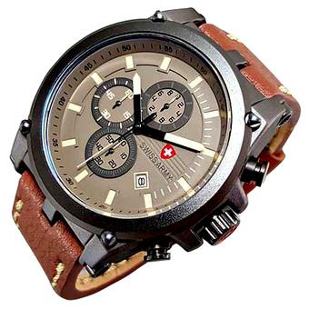 Swiss Army Crhono Jam Tangan Pria - Tali Kulit - Coklat List Putih Plat Crem - SA4688  