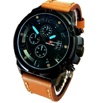 Swiss Army Crhono - Jam Tangan Pria - Tali Kulit - Coklat List Biru - SA7765  