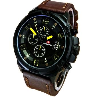 Swiss Army Crhono - Jam Tangan Pria - Tali Kulit - Coklat Tua List Kuning - SA7765  