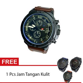 Swiss Army Crhono - Jam Tangan Pria - Tali Kulit - Coklat Tua - Putih - TS 250 + Free 1 Pcs Jam tangan Kulit  