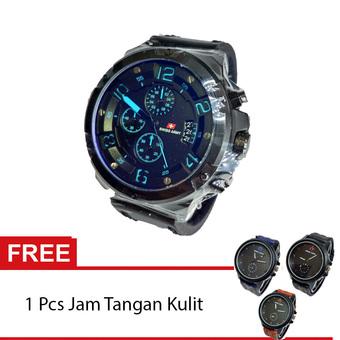 Swiss Army Crhono - Jam Tangan Pria - Tali Kulit -Hitam -Biru - TS 250 + Free 1 Pcs Jam tangan Kulit  