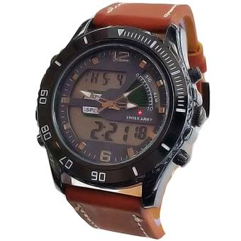 Swiss Army Dual Time Jam Tangan Pria - Letaher Strap - Cokelat - SA 085 LB  