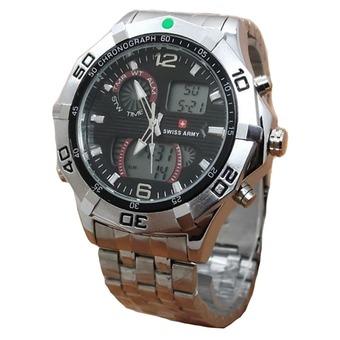 Swiss Army Dual Time - Jam Tangan Pria - Stainless Steel - SA 077 Silver Black  