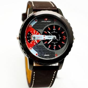 Swiss Army Dual Time - Jam Tangan Pria - Strap Kulit - Coklat Tua Variasi Merah - SA 0047  