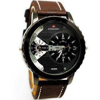 Swiss Army Dual Time - Jam Tangan Pria - Strap Kulit - Coklat Tua Variasi Putih - SA 0047  