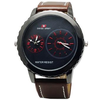 Swiss Army Dual Time Polos Jam Tangan Pria - Strap Leather - Coklat Hitam -SA 5121 DB  