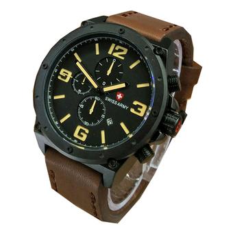 Swiss Army Fashion Men Jam Tangan Pria Chronograph Strap Tali Kulit SA 5052 Dark Brown kuning  