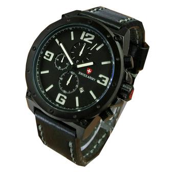 Swiss Army Fashion Men Jam Tangan Pria Chronograph Strap Tali Kulit SA 5052 Hitam Putih  