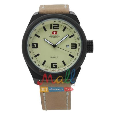 Swiss Army HCC-2018G Tali Kulit Coklat – Stainless Hitam – Tanggal – Dial Krem