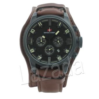 Swiss Army Jam Pria - Dial Hitam Krem - Stainless Hitam - Kulit Cokelat - PMG119  