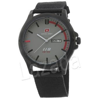 Swiss Army - Jam Pria - Hitam Abu - Stainless Steel Hitam - Tali Kanvas - PMG118  