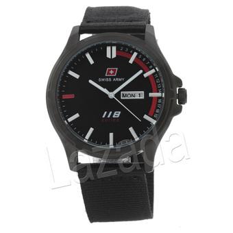 Swiss Army - Jam Pria - Hitam Putih Merah - Stainless Steel Hitam - Tali Kanvas - PMG118  