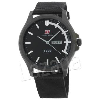 Swiss Army - Jam Pria - Hitam Putih - Stainless Steel Hitam - Tali Kanvas - PMG118  