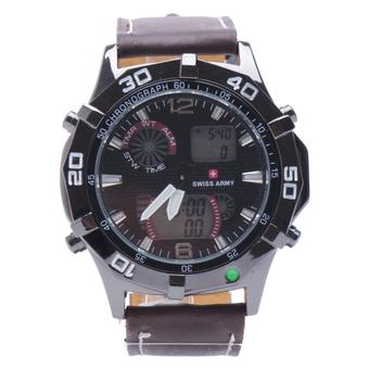 Swiss Army - Jam Tangan Analog Digital Dual Combo Pria - Kulit Coklat Tua - Dial Hitam -Bezel Hitam SAX 1058  