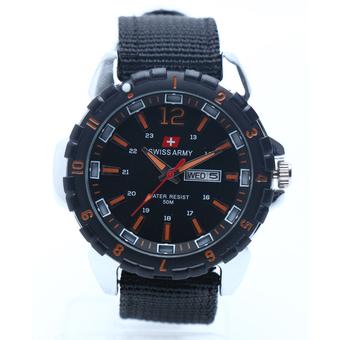 Swiss Army - Jam Tangan Analog Pria - Kanvas Hitam - Dial Hitam - Bezel Orange SAX 1252  