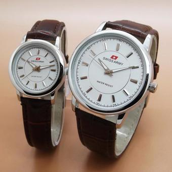 Swiss Army - Jam Tangan Couple - Strap Kulit Coklat- Dial Putih SA 2200 B  