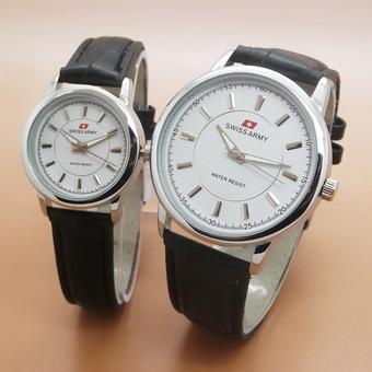 Swiss Army - Jam Tangan Couple - Strap Kulit HITAM- Dial Putih SA 2200 B  