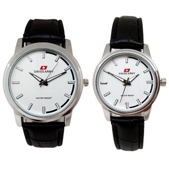 Swiss Army - Jam Tangan Couple - Strap Kulit Hitam - Dial Putih - TW 2078 CP  