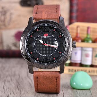 Swiss Army Jam Tangan Pria - Body Black – Black Dial – Tali Kulit Coklat - SA-3888A-BC-TGL- Kulit Coklat  