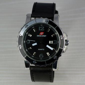 Swiss Army - Jam Tangan Pria - Body Silver - Black Dial - Black Leather Strap - SA-3988-TGL-SB-Black Leather Band  