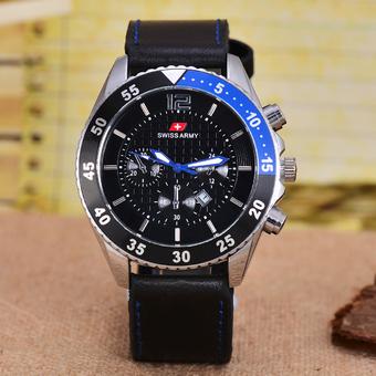 Swiss Army - Jam Tangan Pria – Body Silver – Black Dial – Black Leather strap - SA- 7556B –SB-TGL-Kulit Hitam  