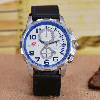 Swiss Army - Jam Tangan Pria – Body Silver – White/Blue Dial – Black Leather strap - SA- 7621A –SW-TGL-Kulit Hitam  