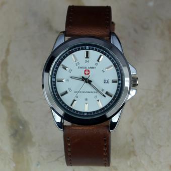 Swiss Army - Jam Tangan Pria - Body Silver - White Dial - Cokelat - Leather Strap - SA-RK-3821E-SW-TGL  