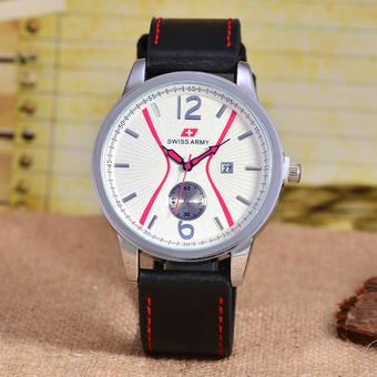 Swiss Army - Jam Tangan Pria – Body Silver – White/Red Dial – Black Leather strap - SA- 7236A -SW-TGL-Kulit Hitam  