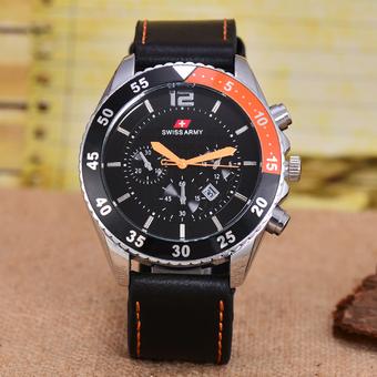 Swiss Army - Jam Tangan Pria – Body Silver – black Dial – Black Leather strap - SA- 7556A –SB-TGL-Kulit Hitam  