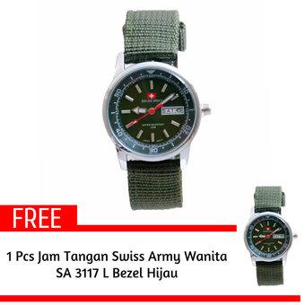 Swiss Army- Jam Tangan Pria - SA 3117 M Bezel Hijau - Kanvas - Tanggal Hari + Gratis Jam Tangan Swiss Army  