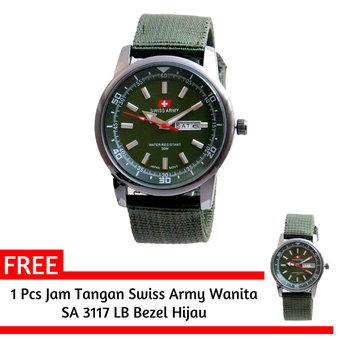 Swiss Army- Jam Tangan Pria - SA 3117 MB Bezel Hijau - Kanvas - Tanggal Hari + Gratis Jam Tangan Swiss Army  