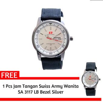 Swiss Army- Jam Tangan Pria - SA 3117 MB Bezel Silver - Kanvas - Tanggal Hari + Gratis Jam Tangan Swiss Army  