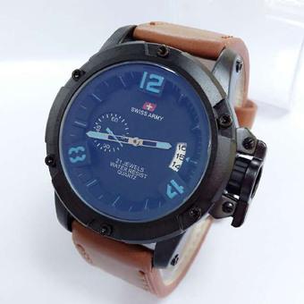 Swiss Army Jam tangan Pria - Detik Disamping - Leather Strap - SA 2411 List Biru - Coklat  