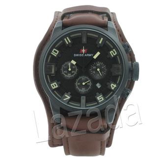 Swiss Army Men - Hitam Cokelat - Stainless Hitam - Strap Kulit Cokelat - PMG II9  