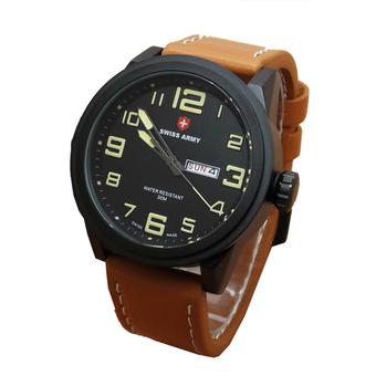 Swiss Army Men's Casual Original Day Date Jam Tangan Pria Original - Coklat List Krem - Strap Kulit  