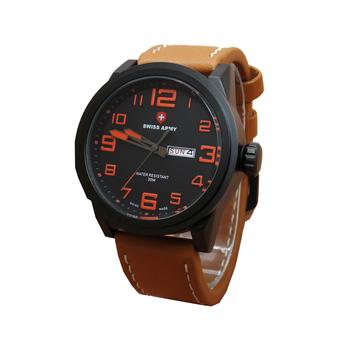 Swiss Army Men's Casual Original Day Date Jam Tangan Pria Original - Coklat List Orange - Strap Kulit  