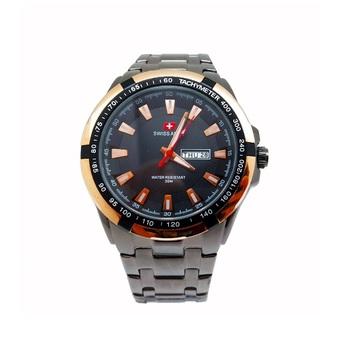 Swiss Army Men's Day Date - Jam Tangan Pria - Stainless Hitam - Bezel Gold - SA 3082 M  