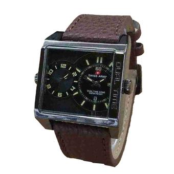 Swiss Army Mens - Jam Tangan Pria - Dual Time - Kulit - Cokelat Tua - Sa010m  