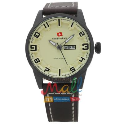 Swiss Army SA 1177 – 3G.C Tali Kulit Coklat Tua Stainless HItam - Tanggal Hari Dial Krem - Brown