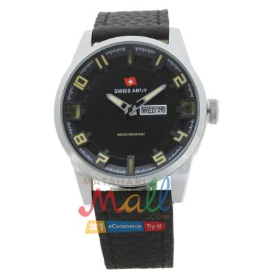 Swiss Army SA 1177 – 3G.C Tali Kulit Coklat Tua Stainless - Tanggal Hari Dial Hitam - Black