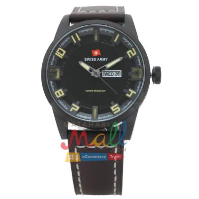 Swiss Army SA 1177 – 3G.C Tali Kulit Coklat Tua Stainless HItam - Tanggal Hari – Dial Hitam - Black