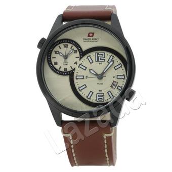 Swiss Army SA 2048 G SS Hitam Dial Krem Dualtime - Tali Kulit Cokelat  