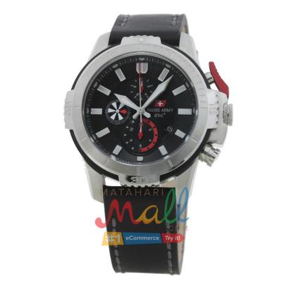 Swiss Army SA 2187 M Stainless Tali Kulit Stopwatch Chronograph Dial Hitam/Merah - Silver