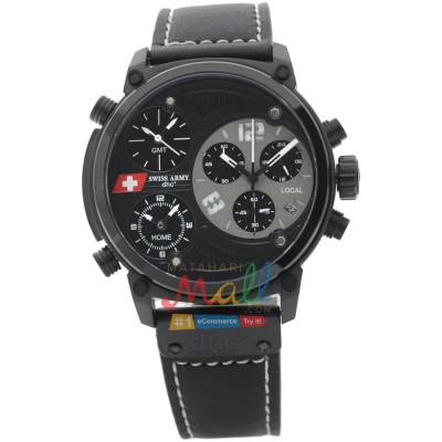 Swiss Army SA 4068 Tali Kulit Hitam Chronograph Fitur 3Waktu Jam Tangan Pria - Dial Hitam 2