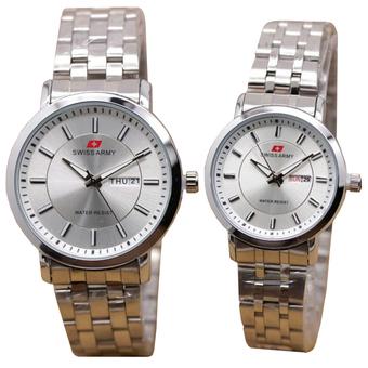 Swiss Army Tanggal Hari - Jam Tangan Couple Stainless Steel Silver Putih -SA 4571 SW  