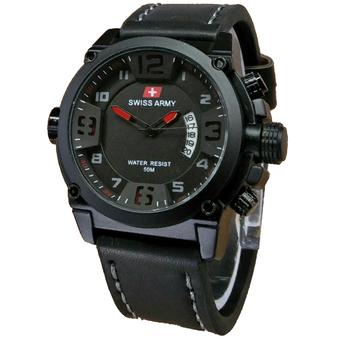 Swiss Army Tanggal SA7169 Jam Tangan Pria Strap Leather Hitam Lis Merah  