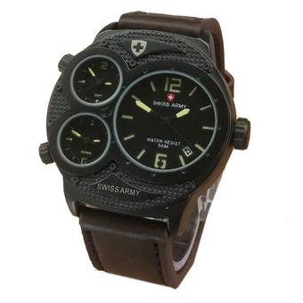 Swiss Army Triple Time Jam Tangan Pria - Cokelat Tua-List Kuning - Strap Kulit - SA632  