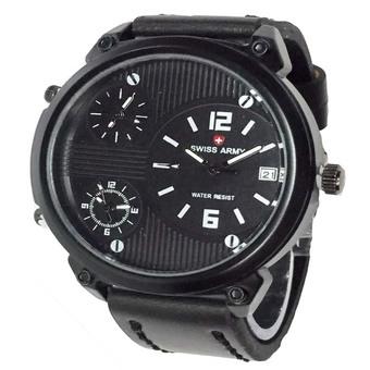 Swiss Army Triple Time - Jam Tangan Pria - Leather Strap - SA 1560 - Hitam Putih  