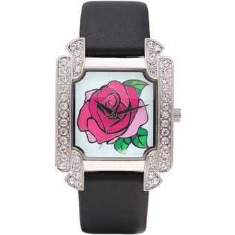 Time100 Ladies' Diamond Rose Pattern Dial Black Leather Strap Fashion Wrist Watches W50040L.01A - Intl  