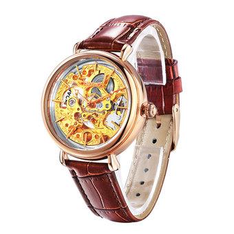 Time100 Skeleton Apparent Space Genuine Coffee Leather Strap Mechanical Couple Women's Wrist Watches W60026L.02A (Intl)  